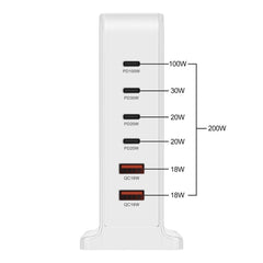 200W GaN 6-Port USB Charger: 4 USB-C + 2 USB-A, Fast Charging for iPhone, Hui, Samsung, Xiaomi