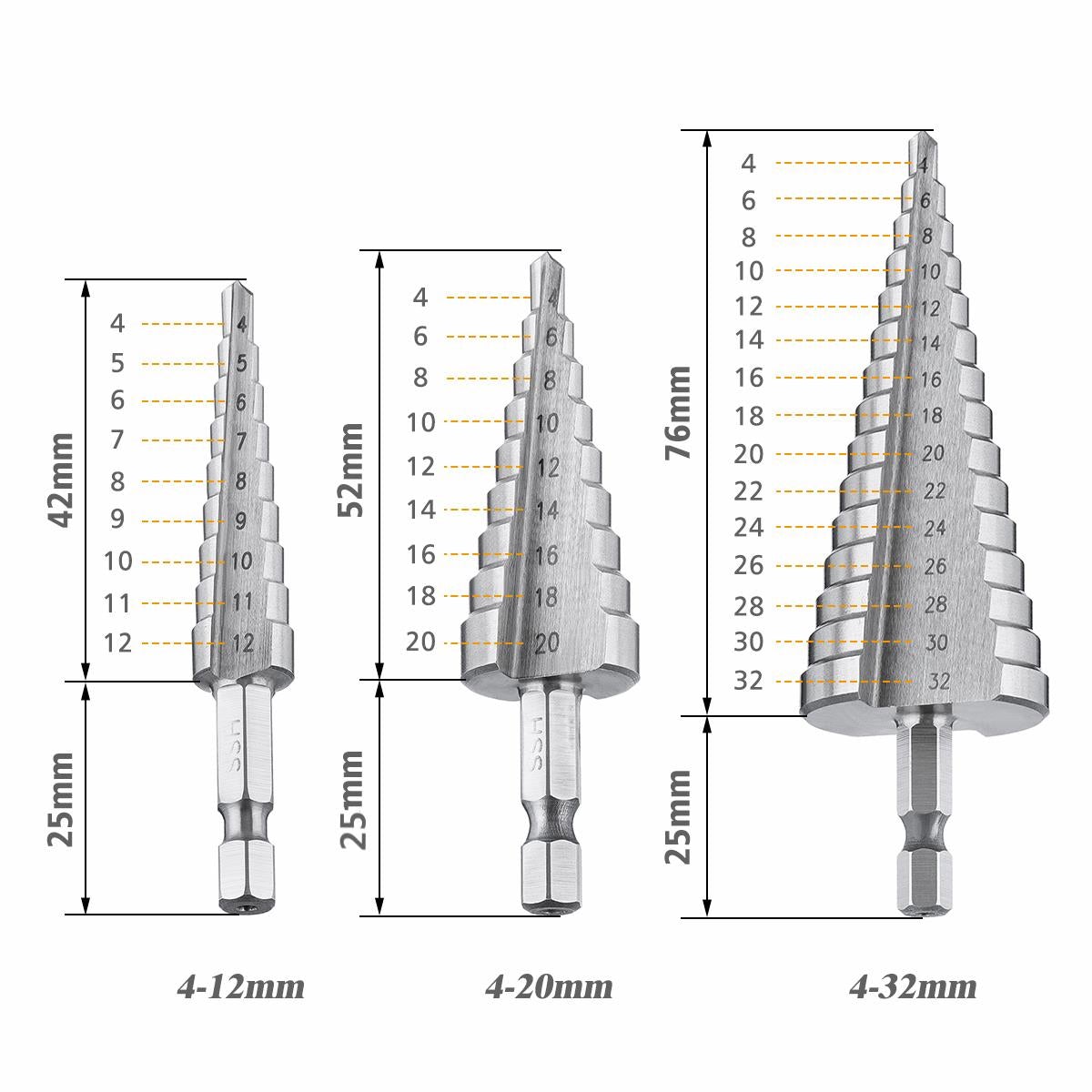 4-12/20/32mm HSS Hex Shank Step Drill Bit High Step Steel Hole Cutter