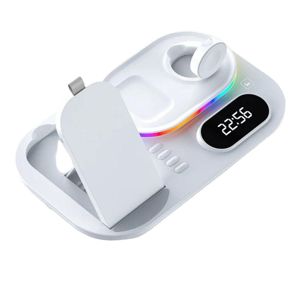 15W 4-in-1 Wireless Charger with Digital Clock & RGB Lights for iPhone, Samsung, Hui, Xiaomi, AirPods, Apple Watch