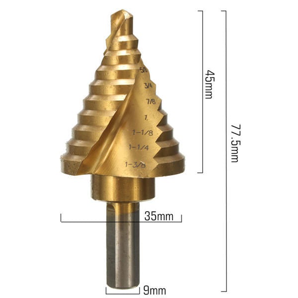 1/4 Inch to 1-3/8 Titanium Coated Step Drill Bit 9mm Round Shank