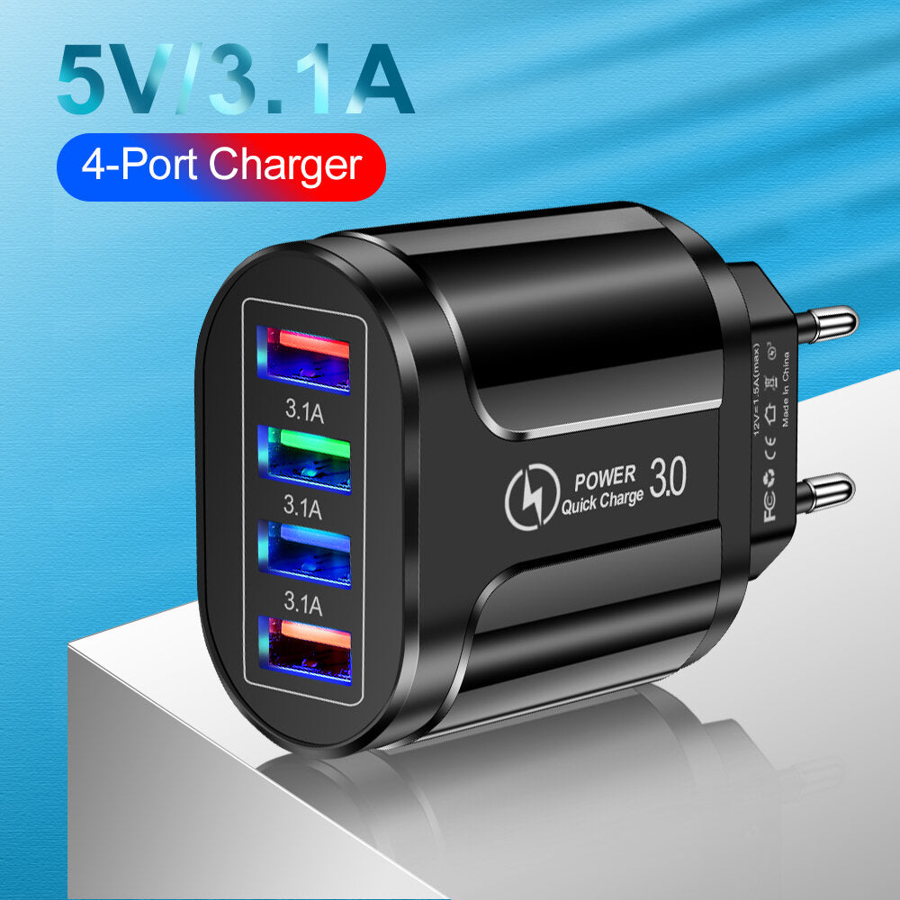 4-Port USB Fast Charger QC3.0 Wall Adapter EU/US/UK Plug for iPhone, Samsung, Xiaomi