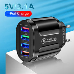 4-Port USB Fast Charger QC3.0 Wall Adapter EU/US/UK Plug for iPhone, Samsung, Xiaomi