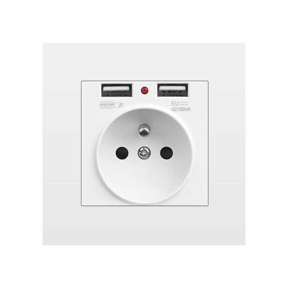 EU Power Socket with Dual USB Port 16A 250V PC Panel 86mm x 86mm