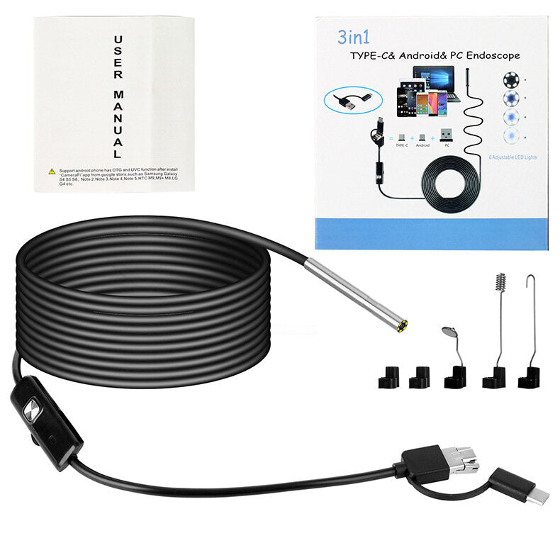 3.9mm Lens Industrial Borescope Camera Three-in-One IP67 Waterproof HD Inspection Borescope for USB Android Phone with 6 LED