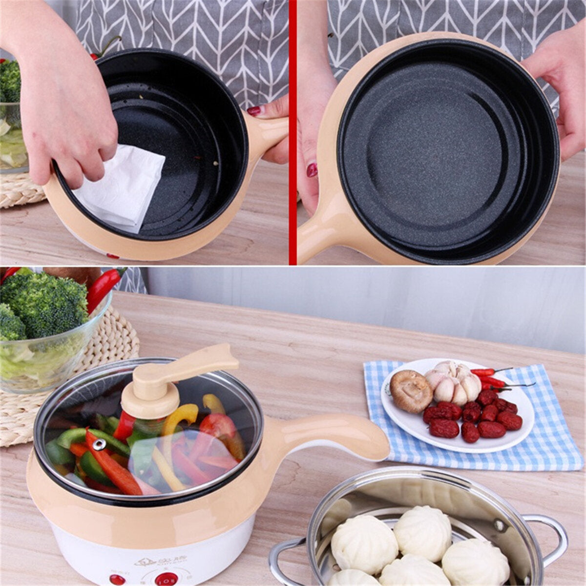 1.8L Double-Layer Stainless Steel Mini Electric Pot Pan Cooker Cooking Fry Stew