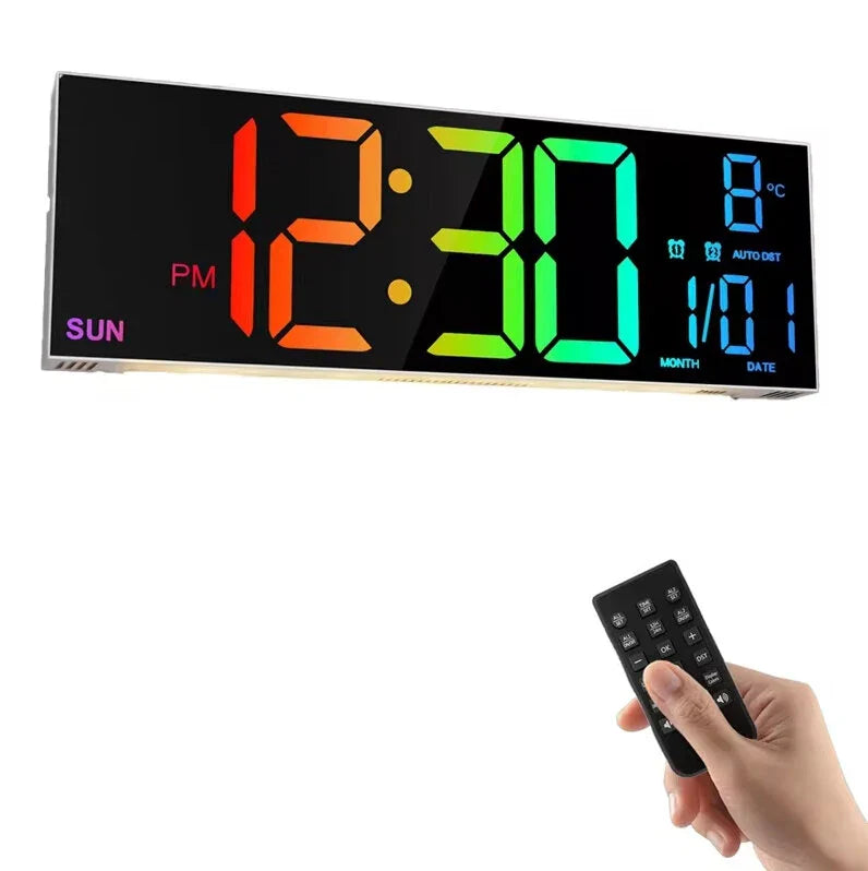 16" LED Digital Wall Clock with Remote, RGB Display, Auto Brightness, Date, Temperature - Ideal for Living Room, Bedroom, Office Decor