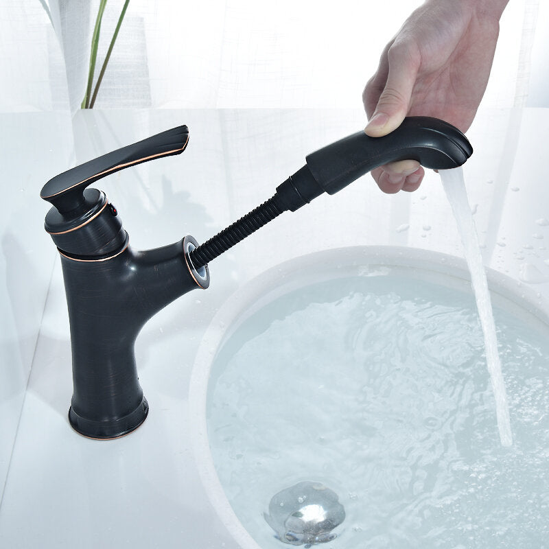 Copper Bathroom Basin Faucet Pull Out Spring Sprayer Tap Hot and Cold Water Single Hole Deck Mount Mixer