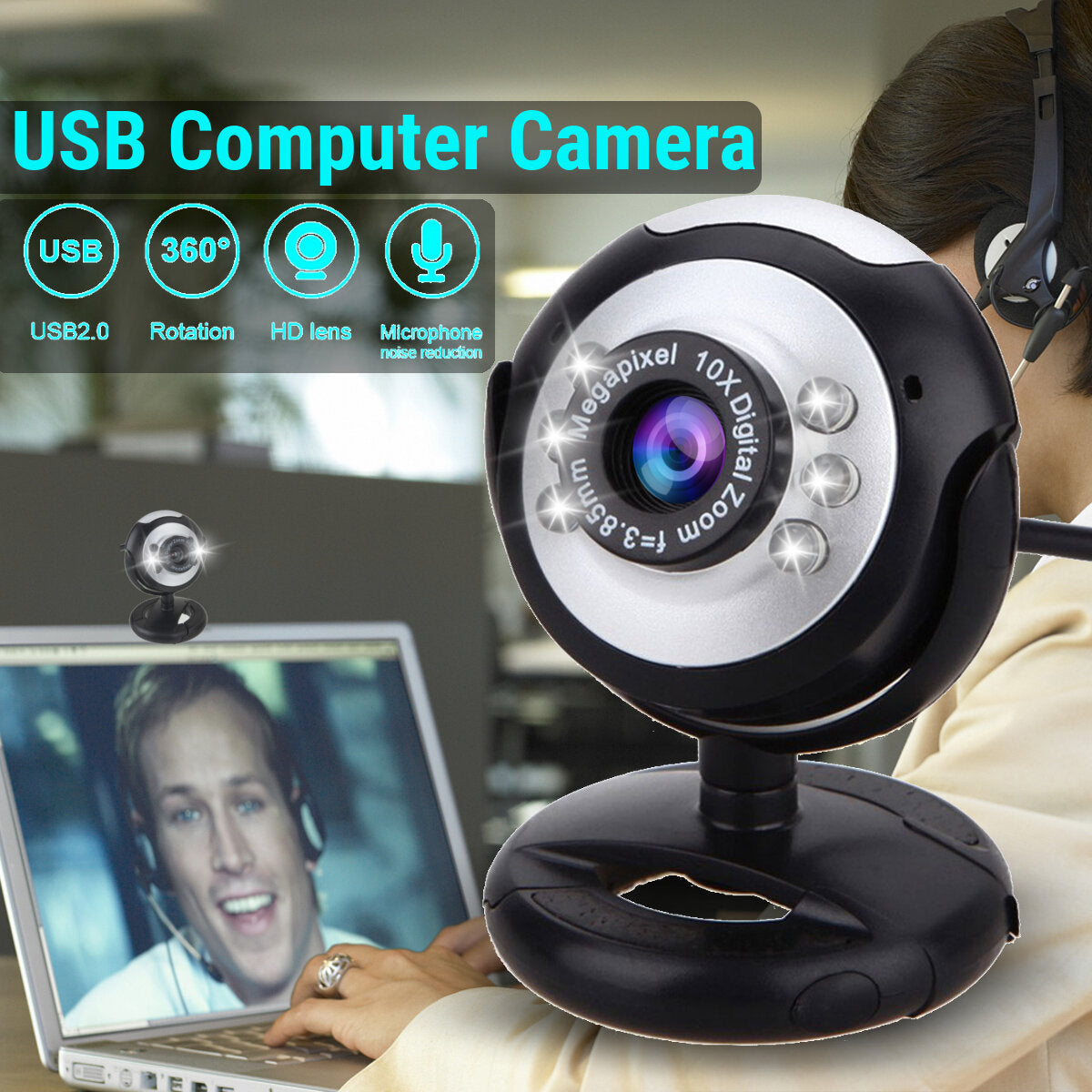 USB Computer Video Camera 6 LED Lights 30W Webcast Webcam Video Conference Camera Built-in Microphone,720P