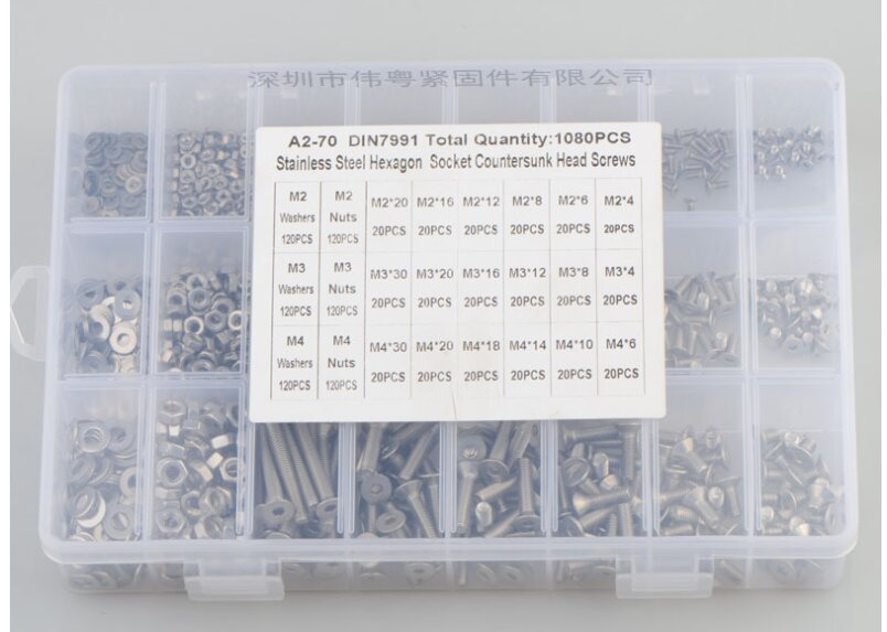 1080pcs M2 M3 M4 Stainless Steel Countersunk Flat Head Hex Socket Screw Nut Bolts Washers Assortment Kit