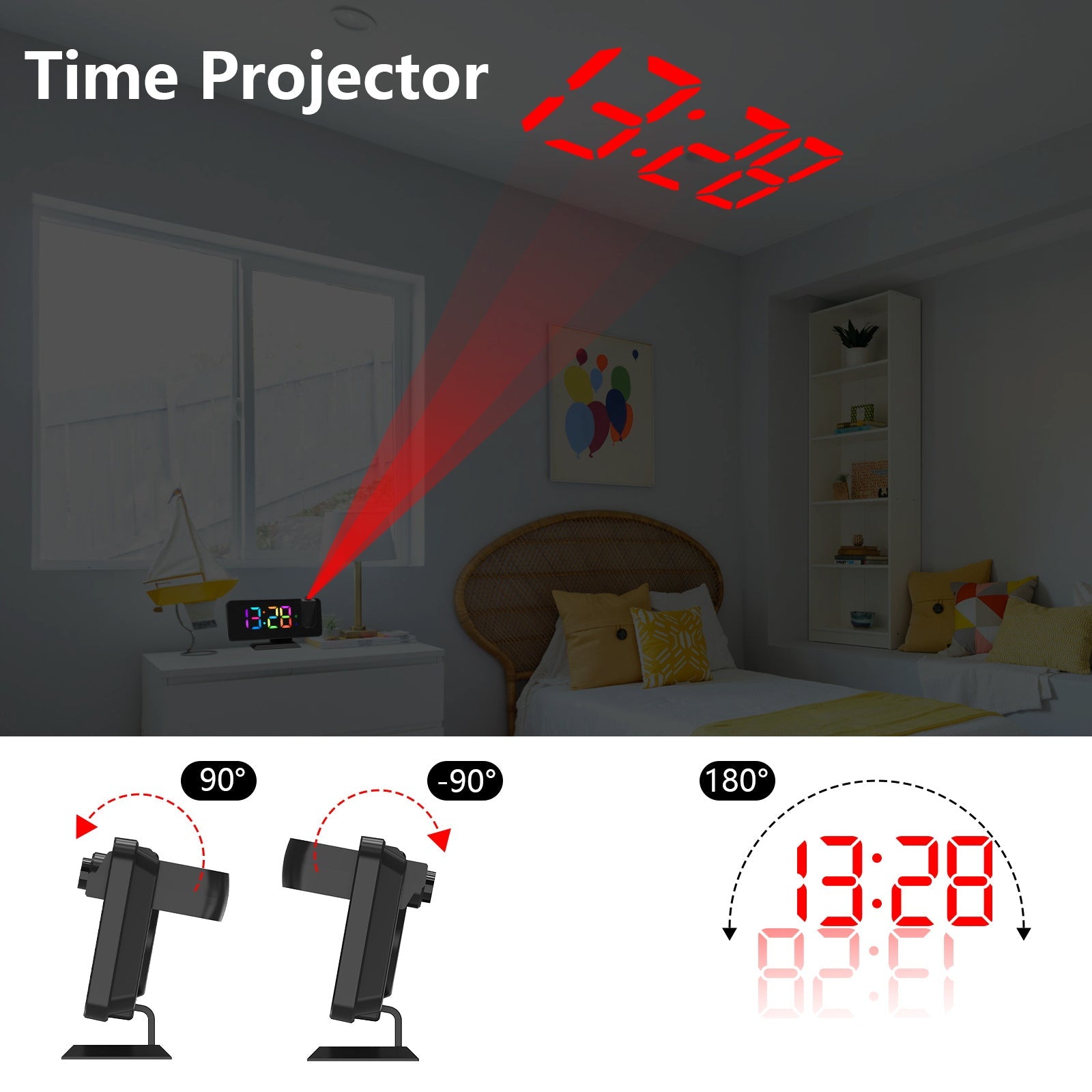 RGB LED Projection Alarm Clock: 180° Projector, 11 Colors, Mirror Surface, USB Charger, Adjustable Brightness - Bedroom/Living Room