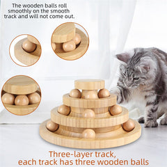 Three-layer Track Interactive Cat Toys Turntable Include 9 Wooden Balls Natural Solid Base Wood Safe for Cats