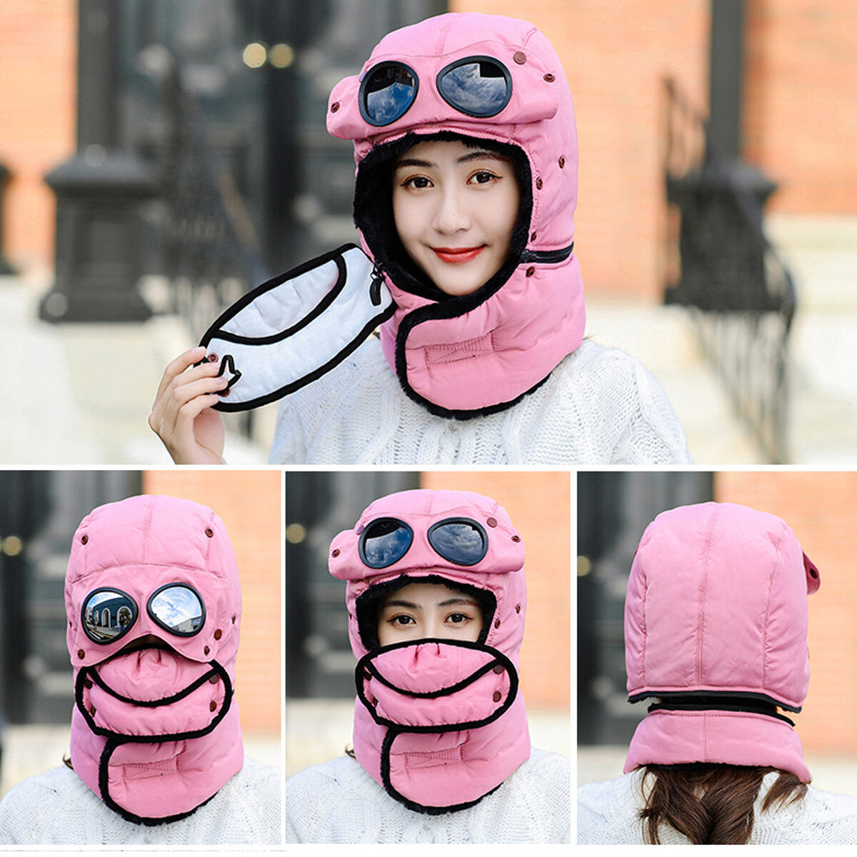 Winter Bomber Hats With Face Mask Plush Earflap with Goggles Warmer Windproof Thicken