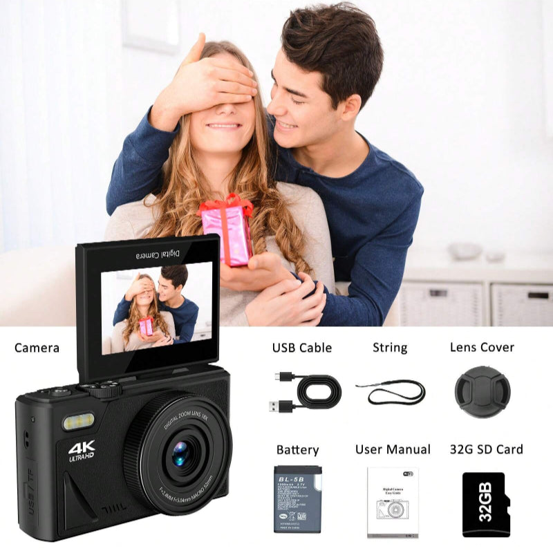 4K 64MP Vlogging Camera with 32G TF Card, 3" Flip Screen, 16X Zoom, Flash, Compact for Travel