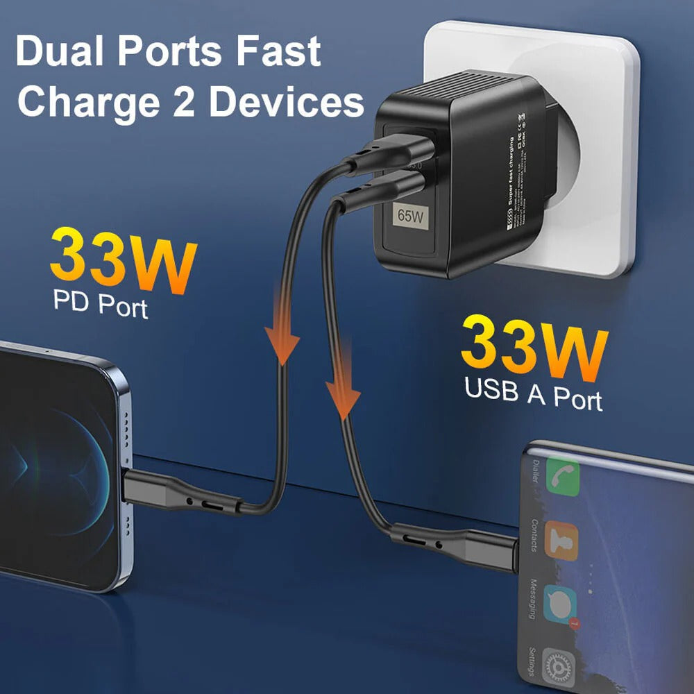 65W GaN Dual USB PD Charger, Fast Charging Adapter for Xiaomi, iPhone, Samsung