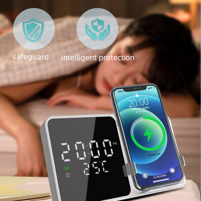 15W Wireless Charger & Alarm Clock for iPhone 15, Samsung Z Flip4 - Fast Qi Charging, Temp Display