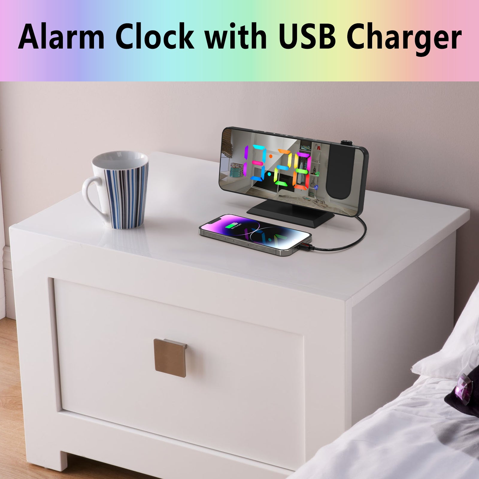 RGB LED Projection Alarm Clock: 180° Projector, 11 Colors, Mirror Surface, USB Charger, Adjustable Brightness - Bedroom/Living Room