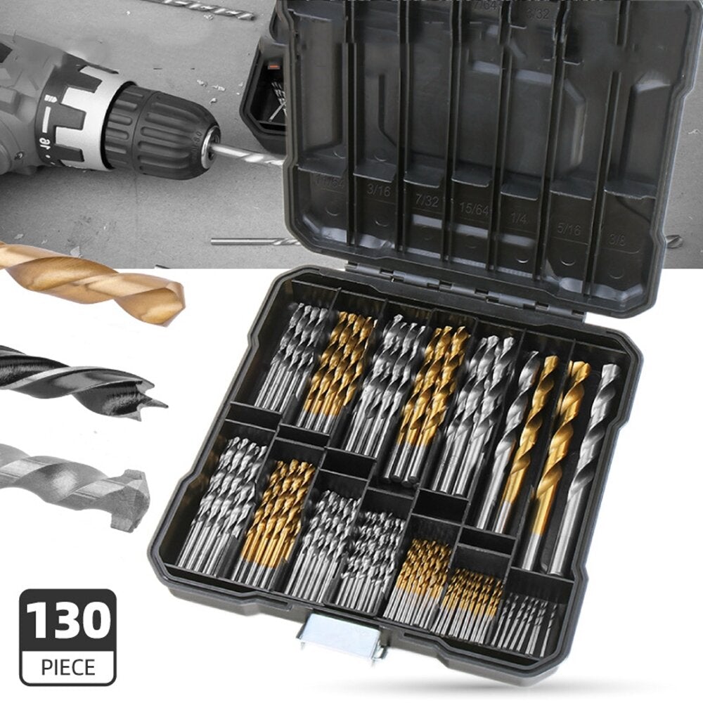 100/130pcs HSS Twist Drill Bit Set Titanium-Coated Bits Woodworking Masonry for Wood Steel