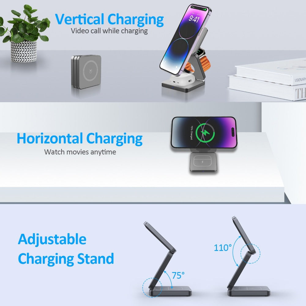 3-in-1 15W Foldable Magnetic Wireless Charger for iPhone, Apple Watch, AirPods - Fast Charging Station