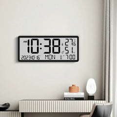 Large LCD Digital Wall Clock with Temperature and Humidity Display, Alarm, Desktop and Hanging Options for Home and Office