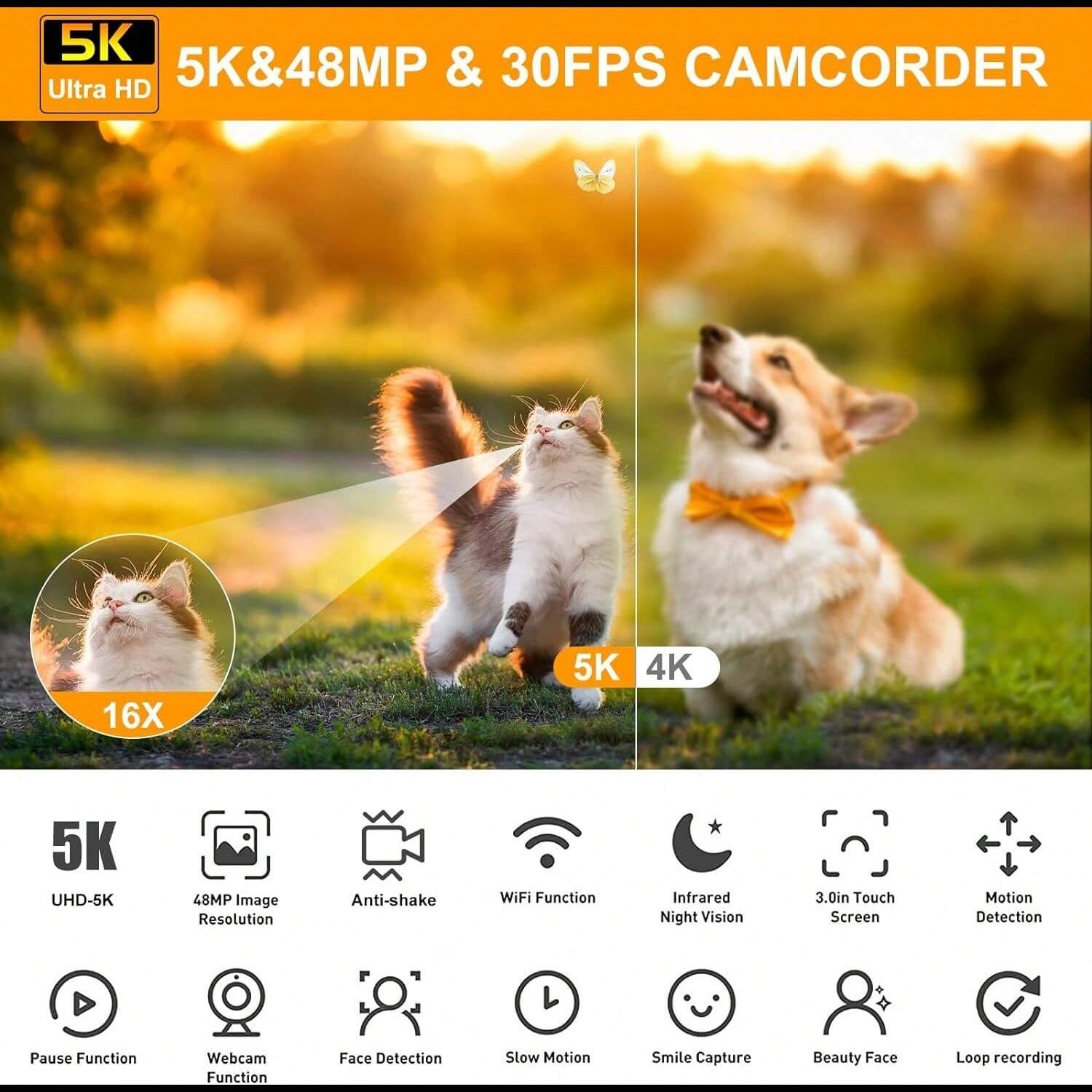 5K HD Digital Camera, 3.0-Inch Touch Screen, 48MP, 16x Zoom, WIFI, Stabilization, Remote Control, 2000mAh Battery, Microphone, Bracket