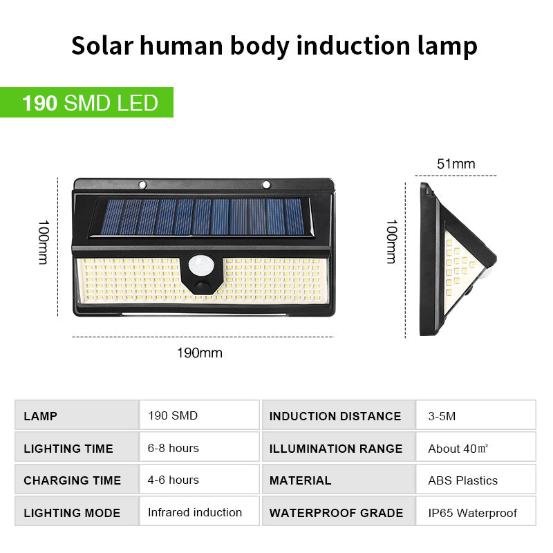 190 LED Solar Lights Outdoor Solar Lamp With PIR Motion Sensor Solar Powered Waterproof Warning light for Courtyard Garden Yard