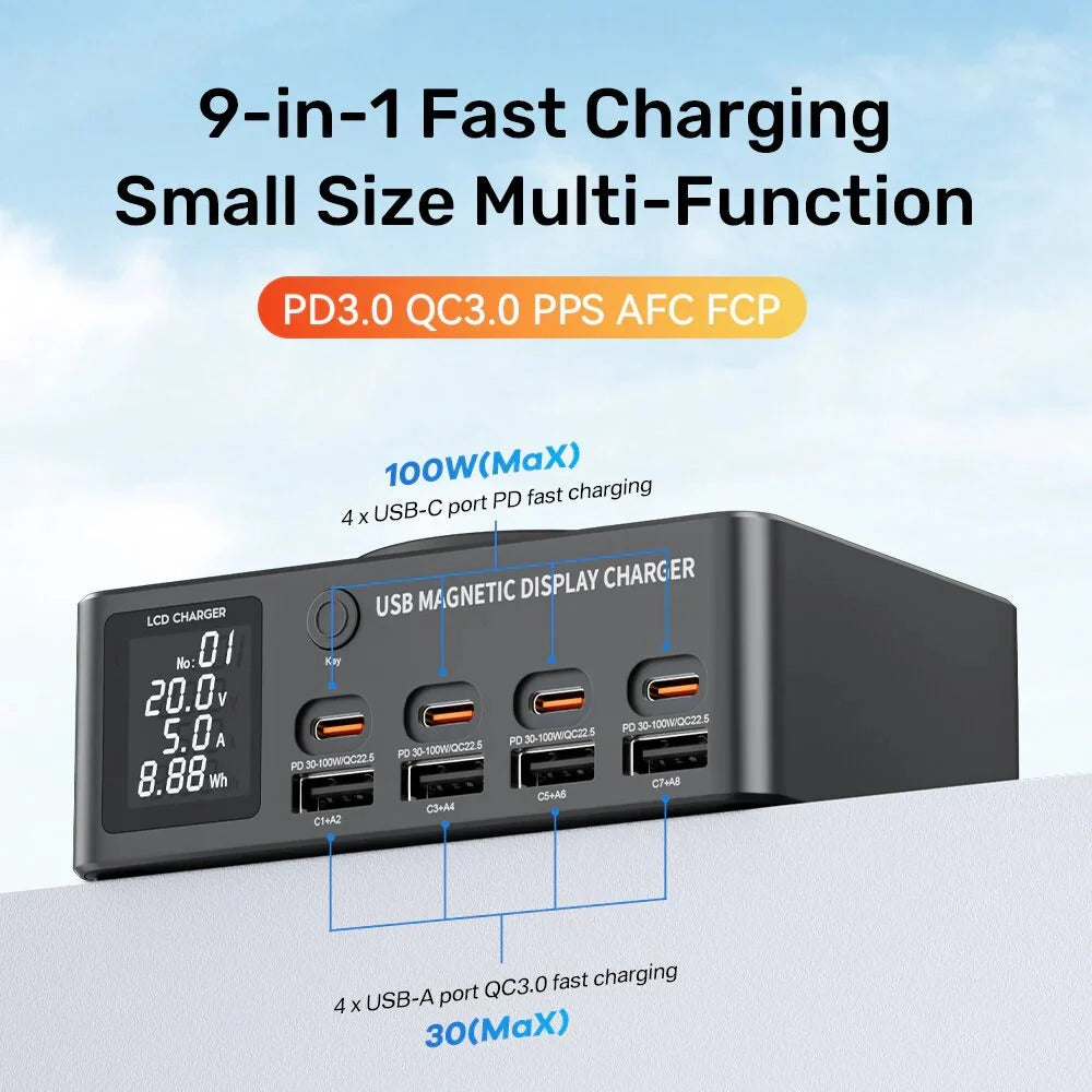 140W 8-Port USB PD Charger with Wireless Pad, Fast Charging for iPhone, Samsung, Hui, Xiaomi