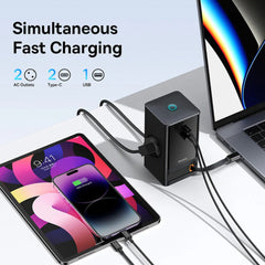 65W GaN 4-Port USB Charger: 2AC+1USB-A+1USB-C, Retractable, Fast Charging, EU Plug