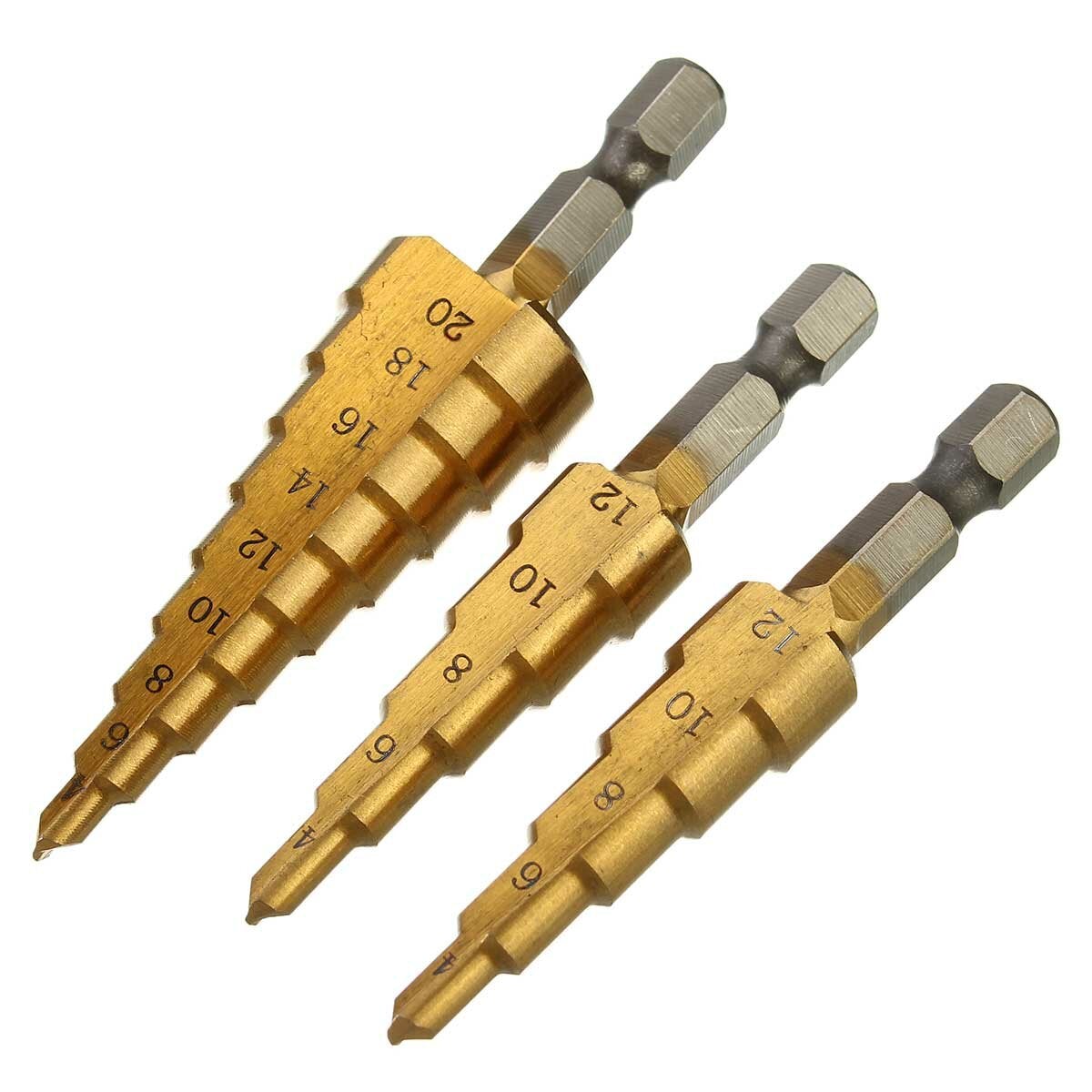 3Pcs 1/4 Inch Hex Shank HSS Titanium Coated Step Drill Bit Set 3-12/4-12/4-20mm