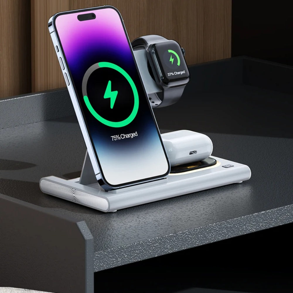 3-in-1 Wireless Charger Stand for iPhone 15/14/13/12, Samsung S23/S22, Galaxy Watch, Buds