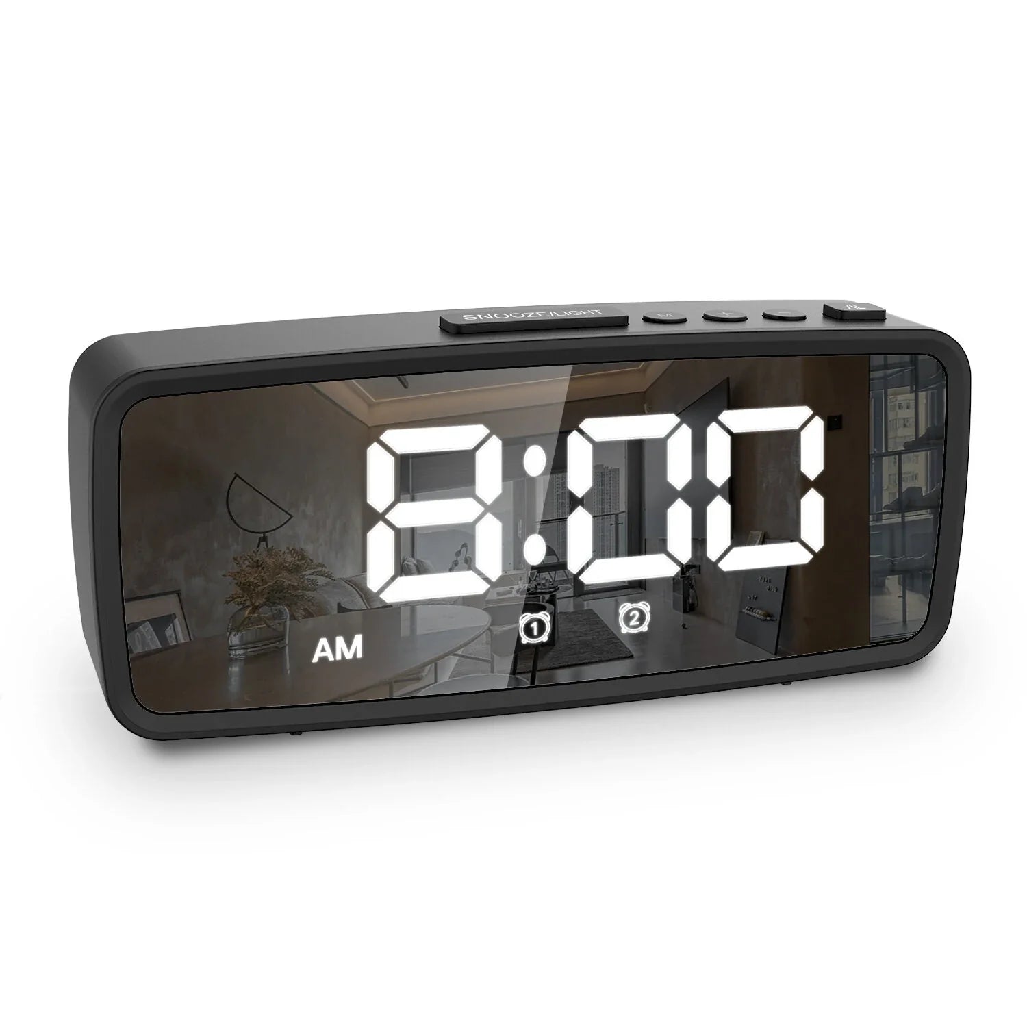 USB-Rechargeable LED Mirror Digital Alarm Clock with Snooze Mode