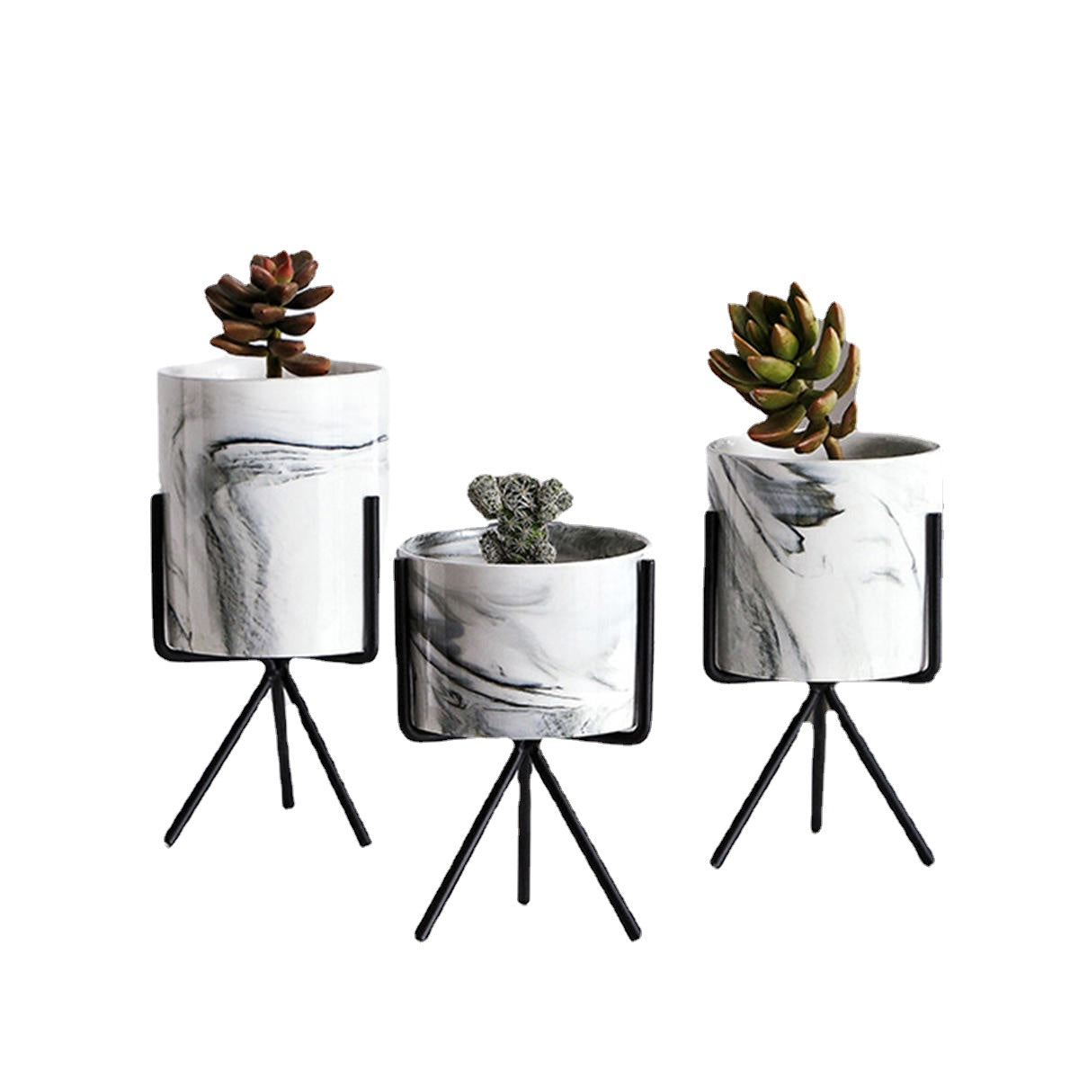 S/M/L Nordic Style Flower Pot Iron Wire Metal Rack Marble Ceramic Succulent Plant Pot Cactus Decoration Basin with Stand