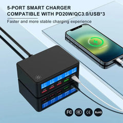 65W 5-Port USB PD Charger, Fast Charging Station for iPhone, Samsung, Hui, Xiaomi