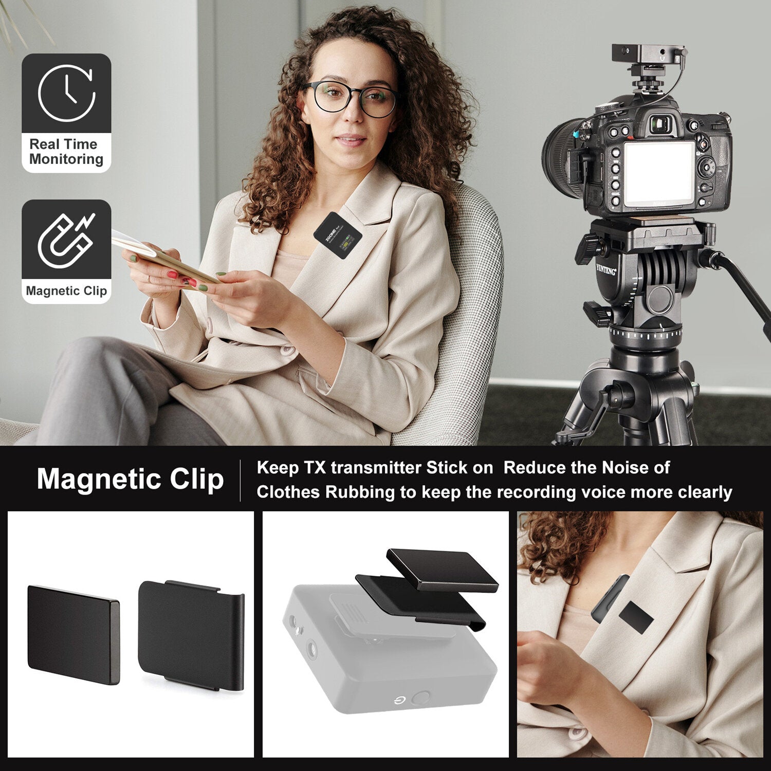 Wireless Lavalier Lapel Microphone System with Transmitter and Receiver for Smartphones Camera