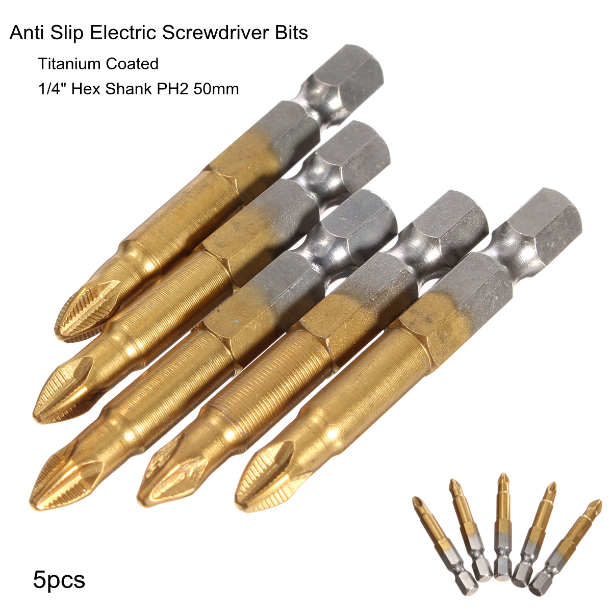 5pcs 50mm Titanium Coated 1/4 Inch Hex Shank PH2 Magnetic Anti Slip Electric Screwdriver Bit Set