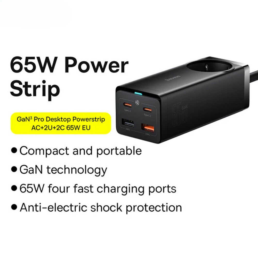 GaN3 Pro 65W 5-Port USB PD Charger Fast Charging Power Strip EU Plug + 100W Cable