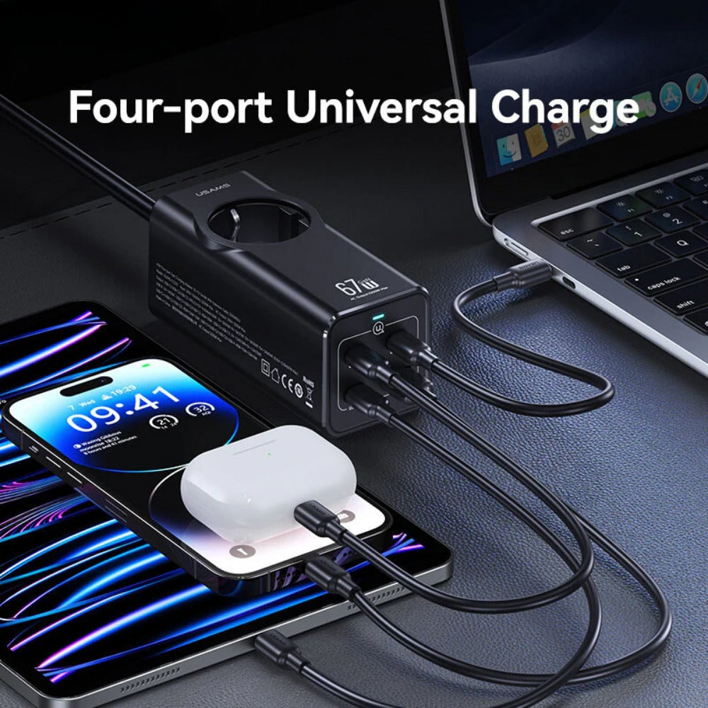 67W 4-Port GaN USB PD Charger, USB-A+3USB-C, Fast Charging, EU Plug, 1.5M Cable