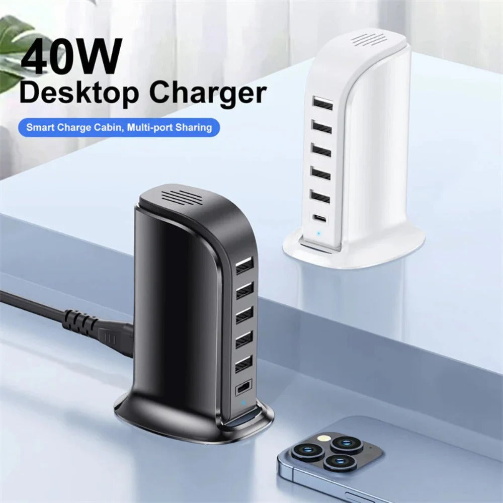 40W 6-Port USB PD Charger, Fast Charging Station for iPhone, Hui, Samsung, Xiaomi