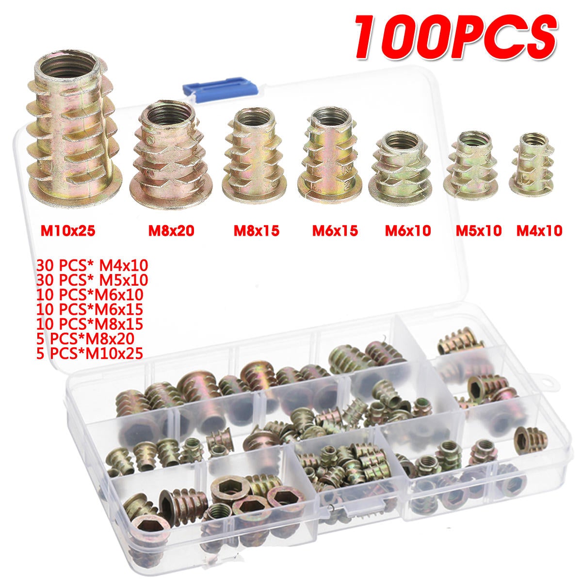 100PCS M4-M10 Metric Threaded Sleeve Screw Insert Nuts Hand Tools