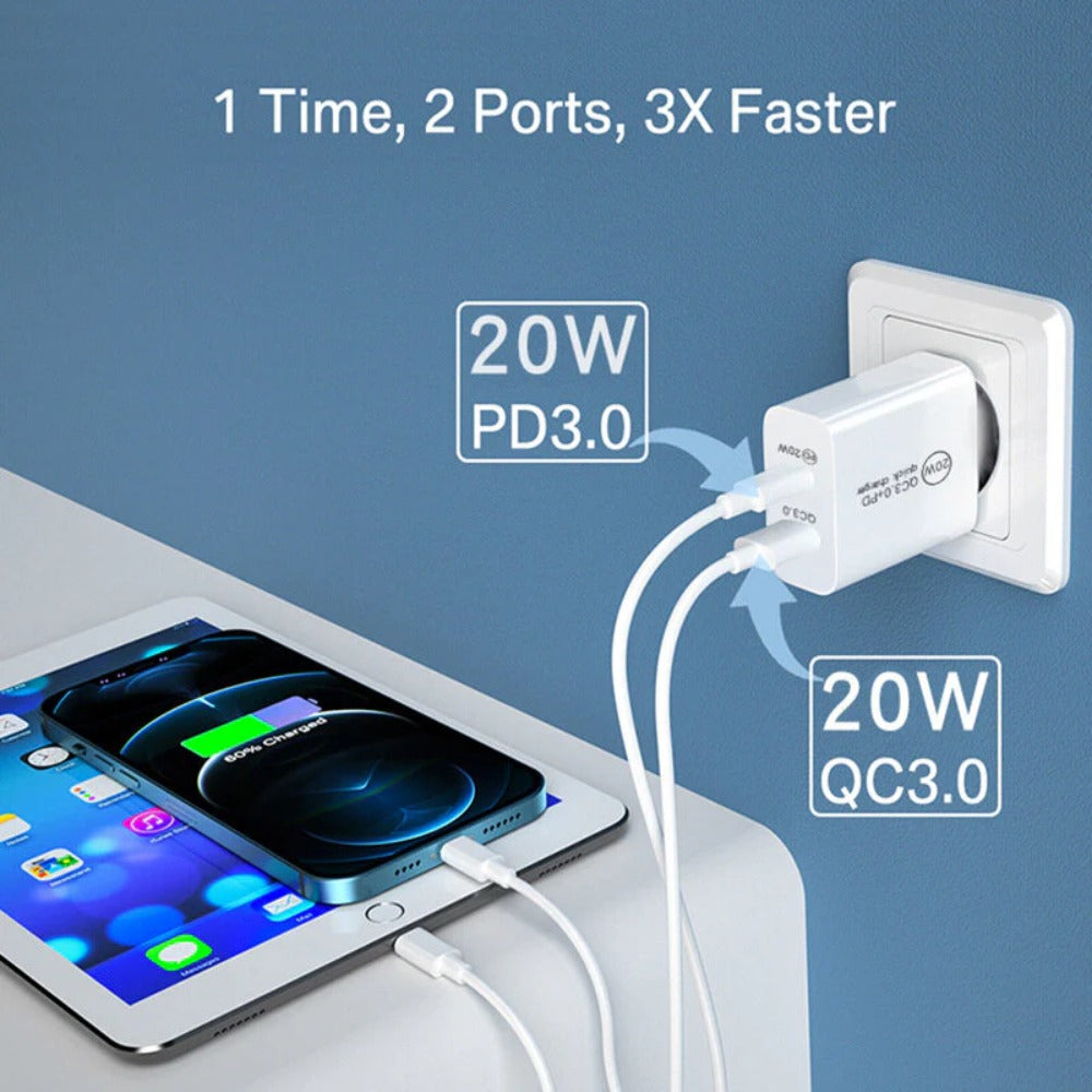 Dual 20W USB-C PD3.0 QC3.0 Fast Charger Adapter EU Plug for iPhone, Hui, Samsung