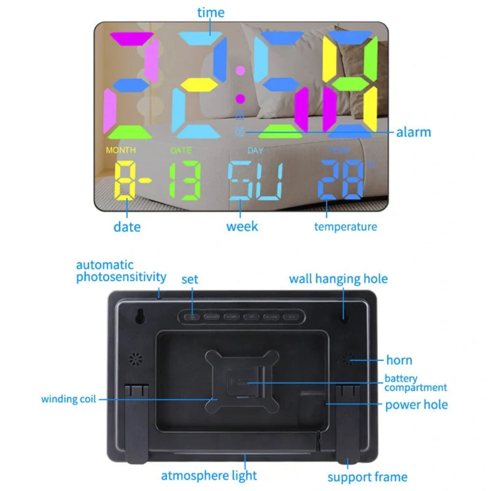 RGB Rainbow Digital Wall Clock with LED Display, Snooze, Remote, Auto Brightness, Temperature, Date, Week, 12/24H - Ideal for Home, Office, Classroom