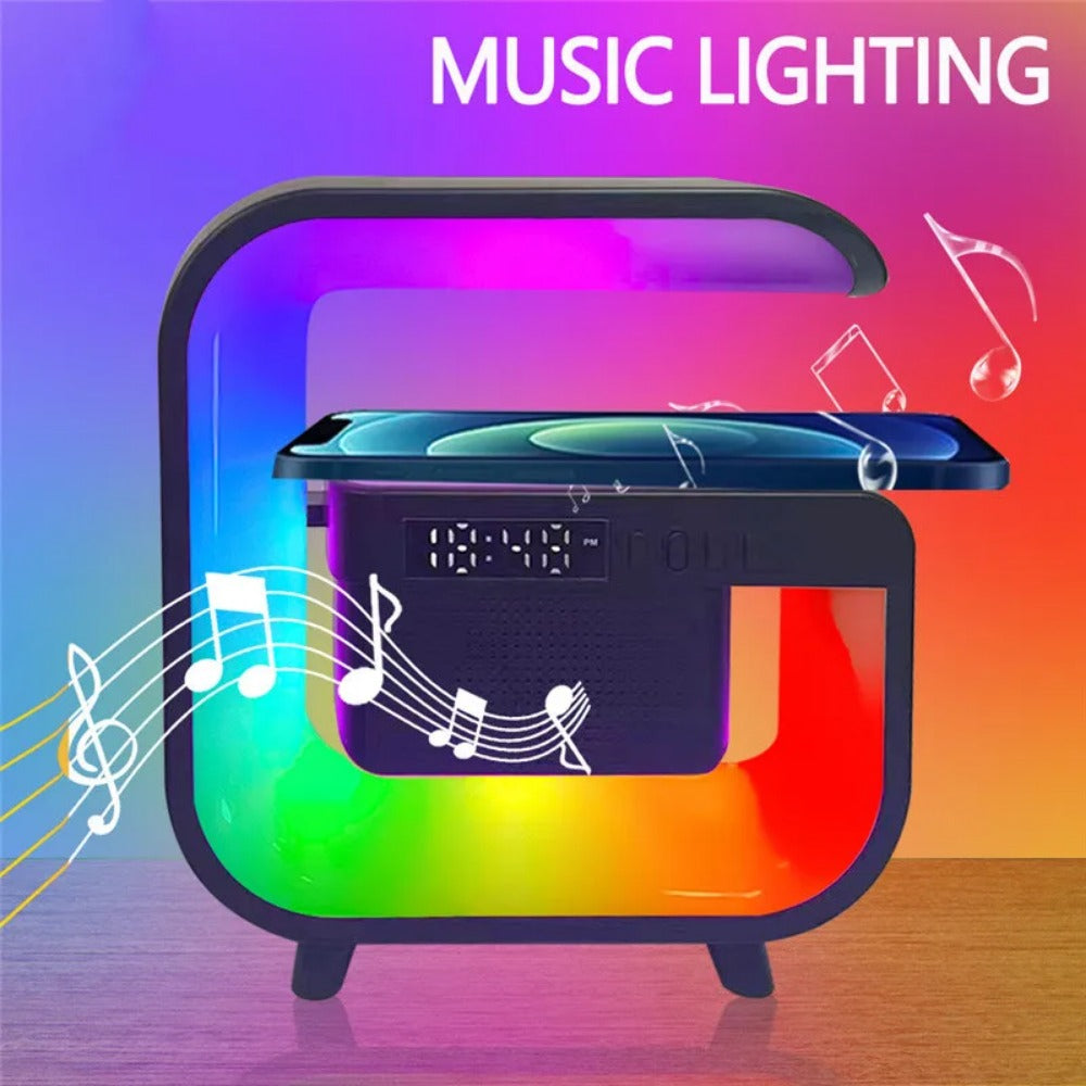 Wireless Charger Stand with Bluetooth Speaker, Alarm Clock, RGB Light, Fast Charging for iPhone Samsung Xiaomi