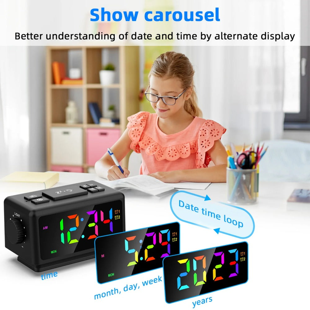 RGB Digital Alarm Clock with FM Radio, Dual Alarms, Snooze, Dynamic Display, 12/24H, Date, USB Charging - Ideal for Home & Office