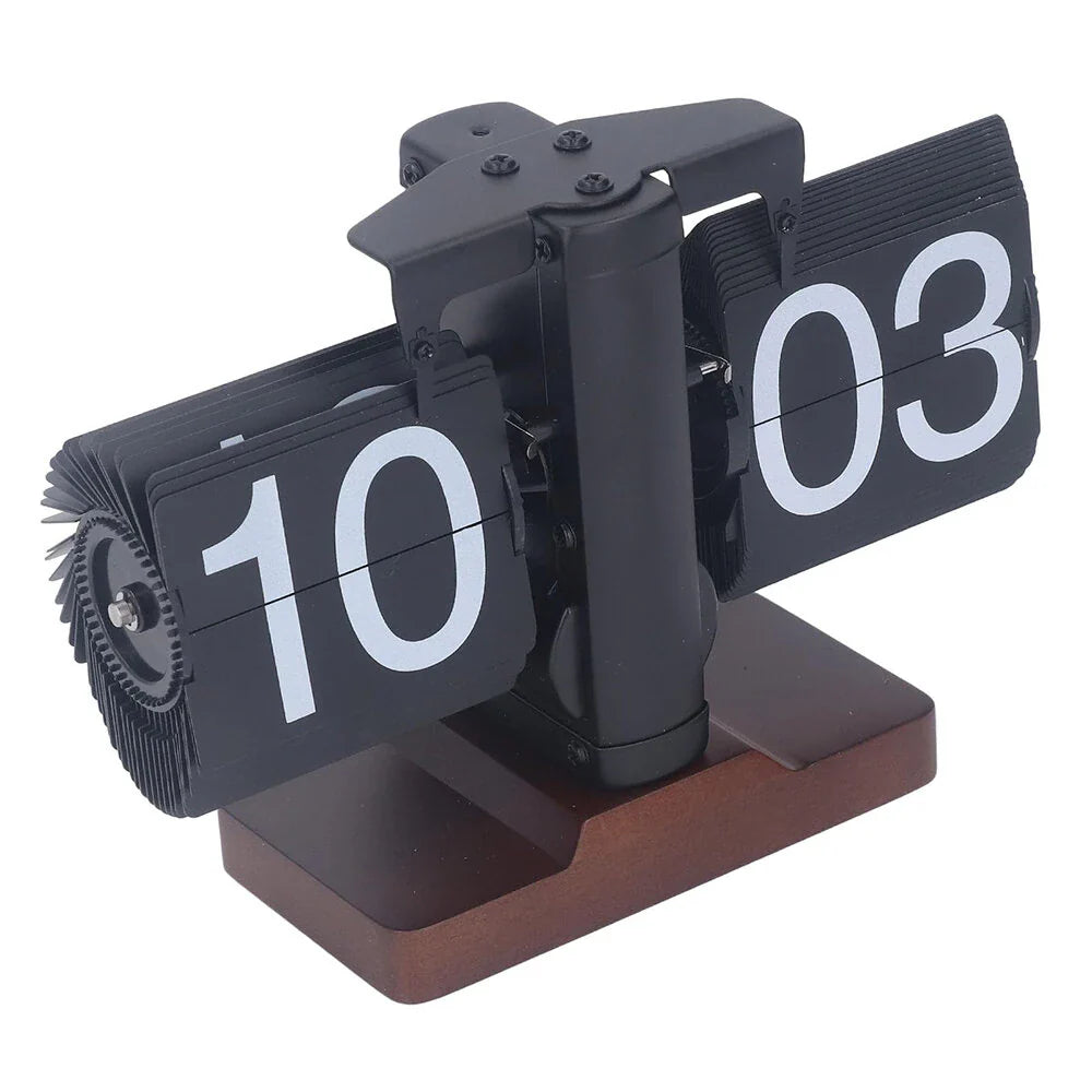 Retro Mechanical Flip Clock with Walnut Wood Base, 24-Hour Display, Desk Decor for Home/Office