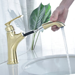 Copper Bathroom Basin Faucet Pull Out Spring Sprayer Tap Hot and Cold Water Single Hole Deck Mount Mixer