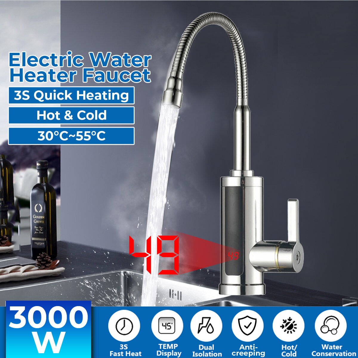 Electric Heating Faucet 2S Heating LED Ambient Light Temperature Display Instant Hot Water Tap3300W