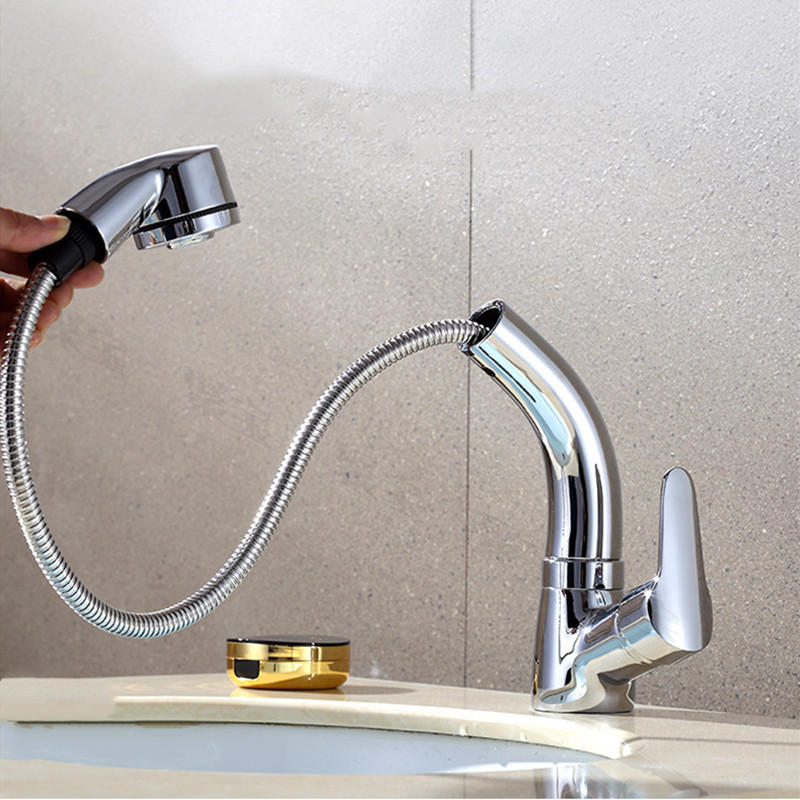 Pull Out Bathroom Faucet Basin Sink Mixer Hot and Cold 360 Degree Rotating Retractable Water Tap Deck Mount