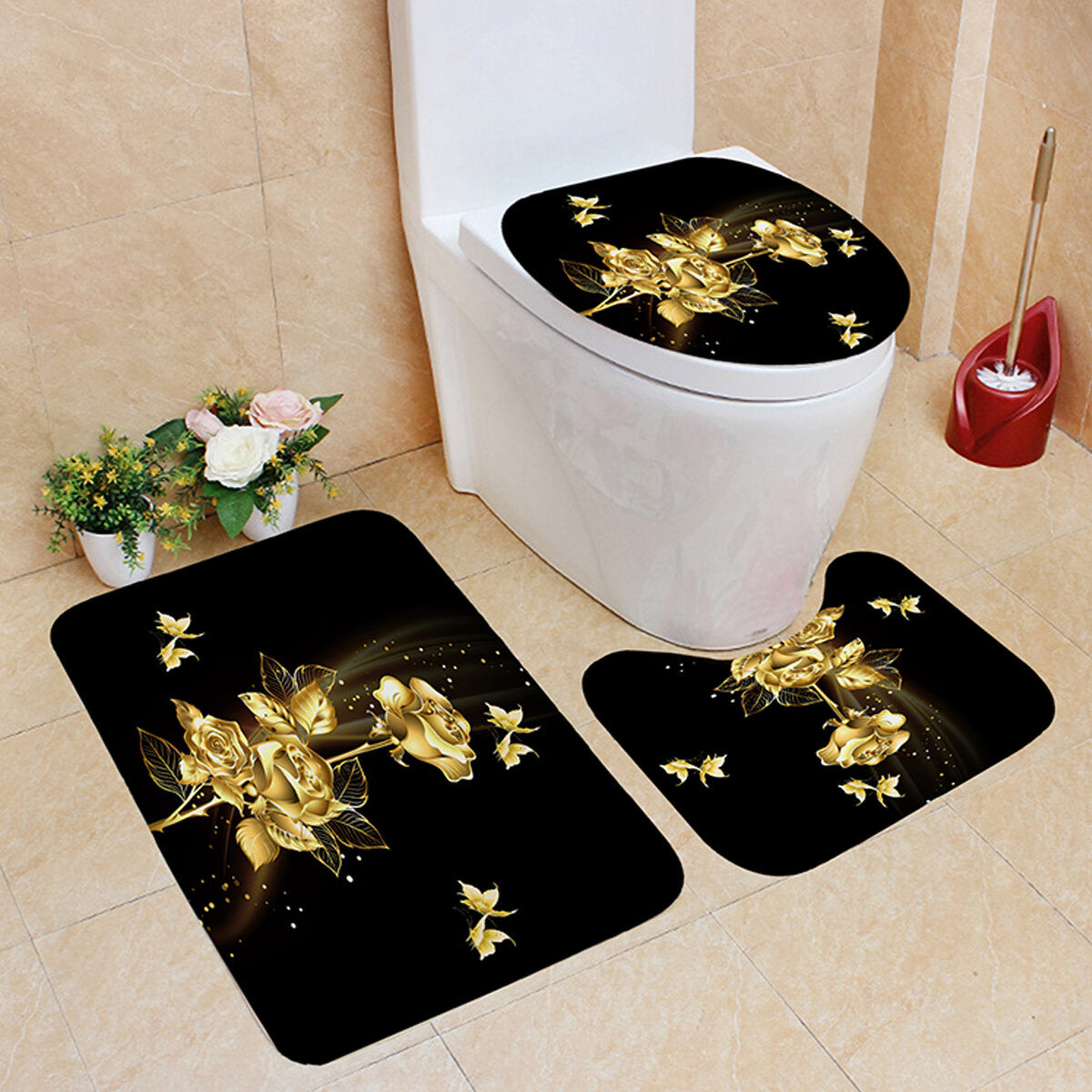 1/3/4PCS Gold Rose Butterfly Waterproof Shower Curtain Non-toxic Dustproof Toilet Seat Cushion Set