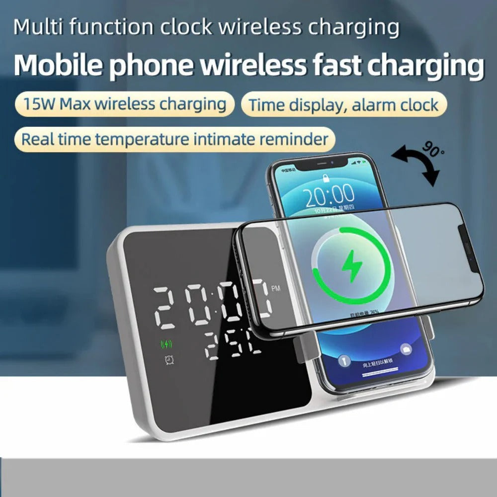 15W Wireless Charger Alarm Clock with Temp Display for iPhone, Hui, Samsung