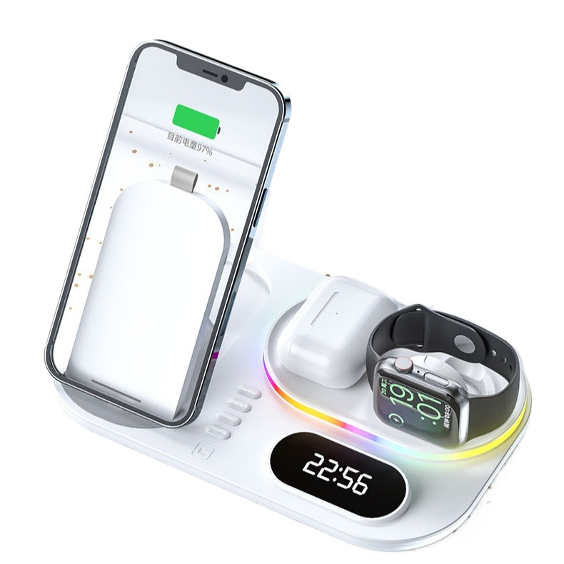 15W 4-in-1 Wireless Charger with Clock & RGB Lights for iPhone, Samsung, AirPods, Apple Watch