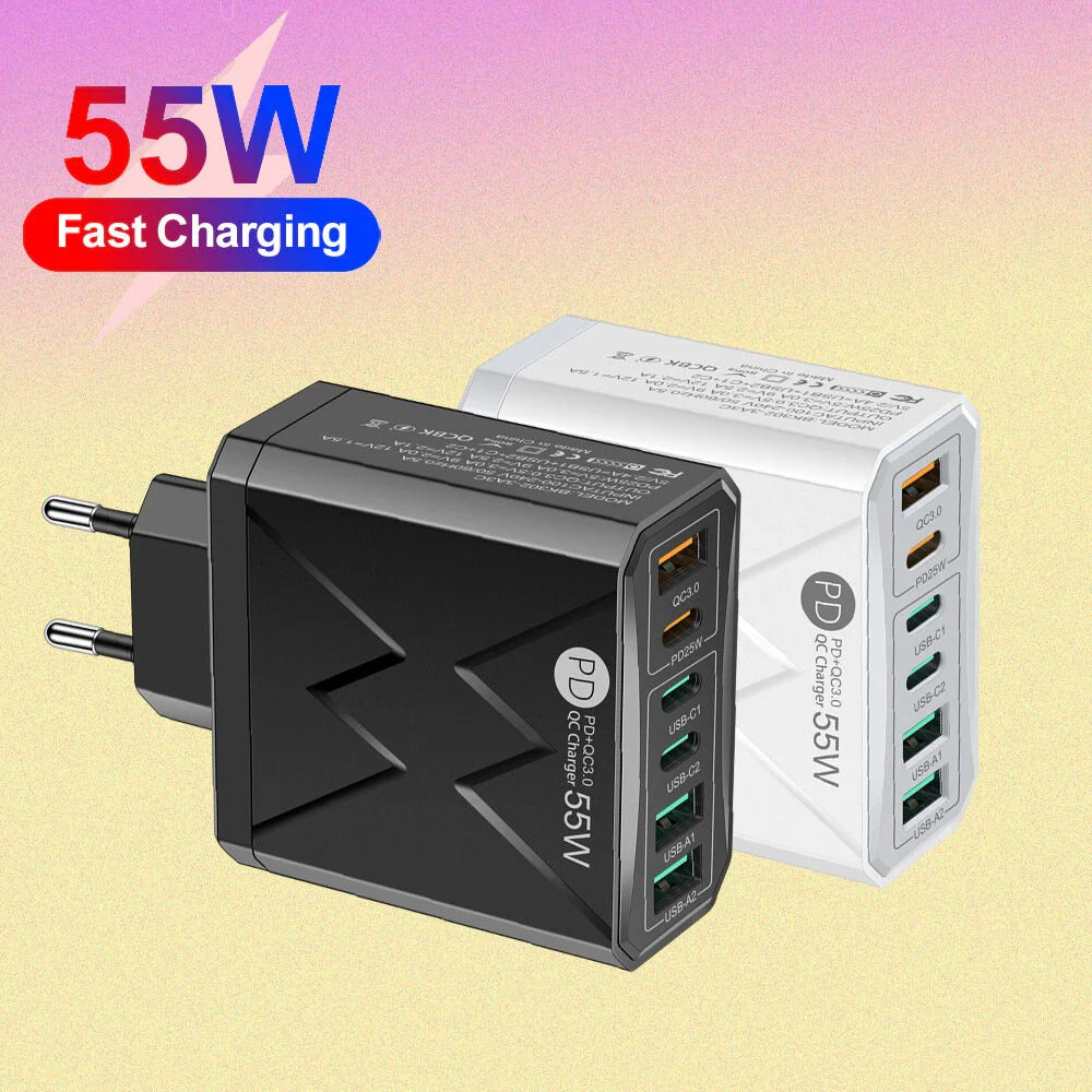 6-Port USB PD Charger, 3USB-A+3USB-C, Fast Charging Adapter for iPhone, Samsung, Hui